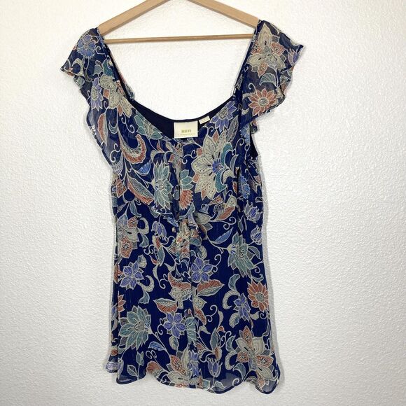 Maeve Anthropologie Blouse Womens 10 Blue Floral Ruffle Sheer Lined Metallic - Picture 1 of 16